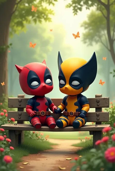 Deadpool and wolverine as a little cute babies sitting on a bench in the park.