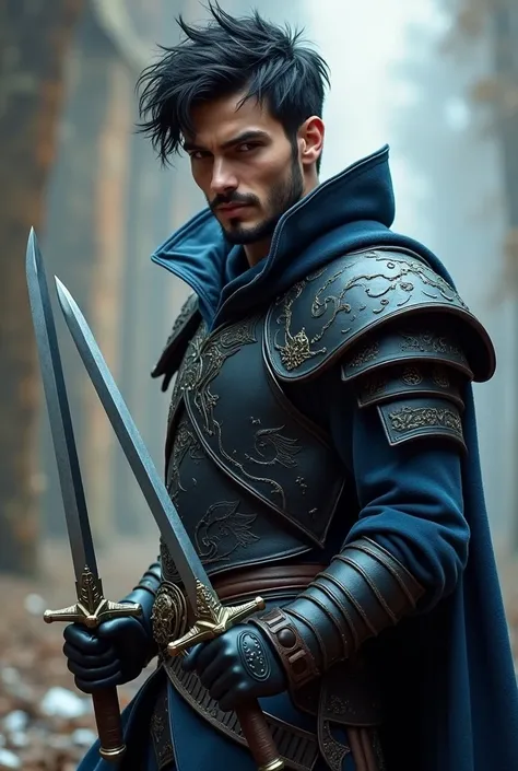 Create a king with a mischievous smile, 23 year old, With a thin body, with black and blue leather armor with a wolf printed on it. short black hair, scruffy beard, holding a dagger in each hand.