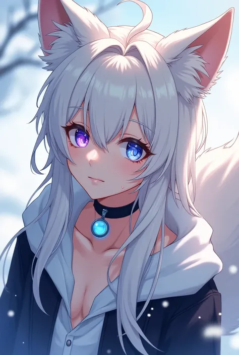 Boy between 16 and 1 with long hair, ears, White fox tail and fur with blue heterochromia in the right eye and violet in the left eye, with good physique but cute and masculine with a black choker with a 5 cm round translucent blue crystal pendant attached...