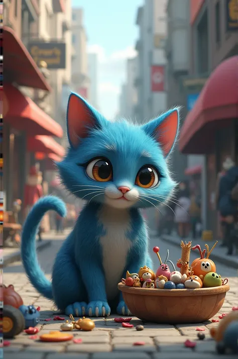 The cute blue cat is poor and he is selling on the street
style 3D