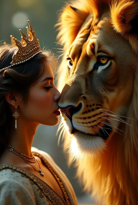 The close pic of young royal 
queen kissing giant lion with sparkling fierce look 