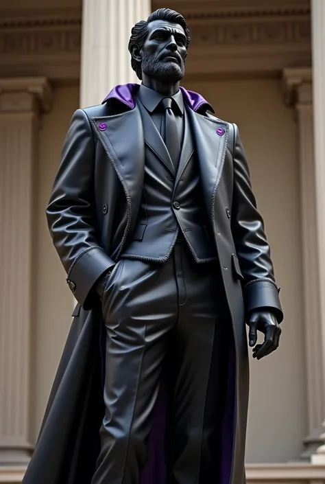 STATUE OF A GREEK GOD IN A BLACK SUIT WITH PURPLE DETAILS
