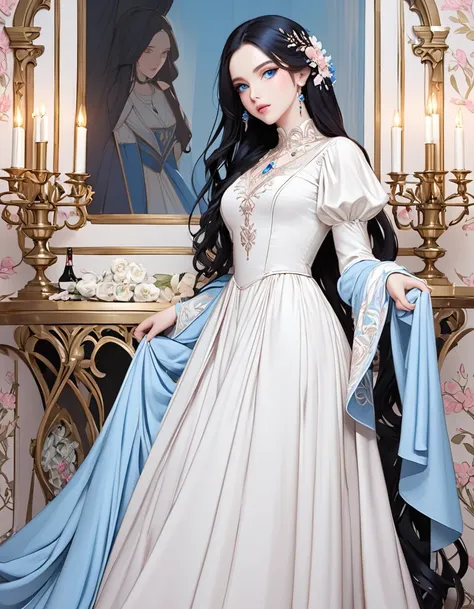 Beautiful woman with very long black hair, side-swept bangs, sparkling blue eyes, light pink lips, fair skin. Elegant but modest white renaissance dress.