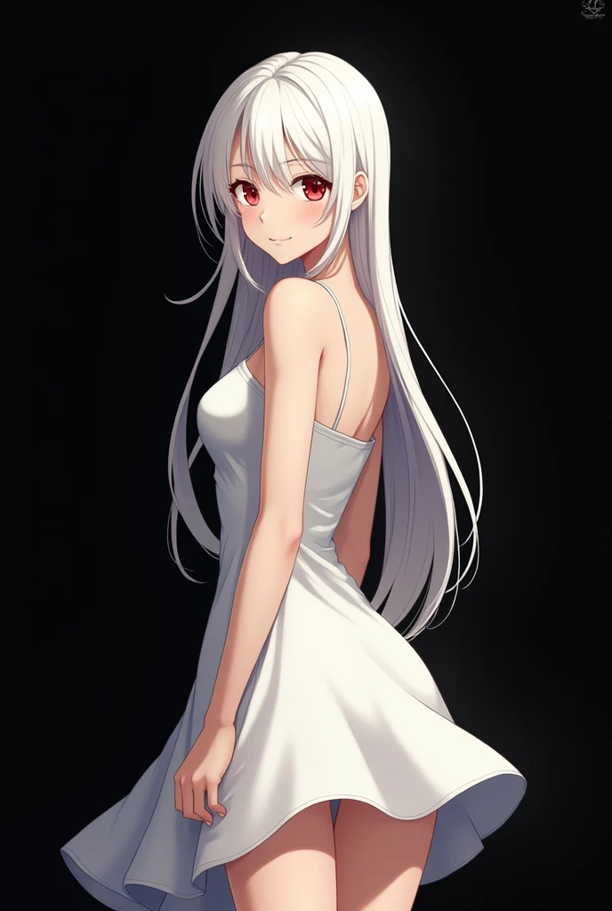 The image is in the style of a Ghibli studio anime., It features a 20-year-old albino adult woman.. She is standing with her back to a black wall, She has long hair and red eyes. Shown with a smile. She has a white dress that reaches her knees.. strong thi...