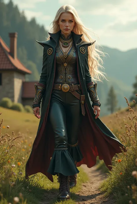 A female wizard who controls time and space wearing a steampunk outfit as she walks through the countryside near a well-made house in the countryside