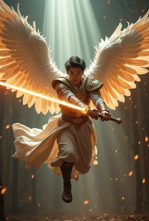 masterpiece, best quality, realistic, ultra detailed, movie poster style, dungeons and dragons character design, bruneian man with round face, muscular, fashionable dark hair, white angel wings, celestial heavy armor, flying mid-air, dramatic slashing with...