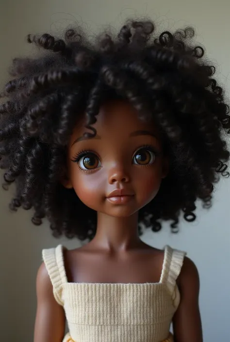 A black doll with curly hair 