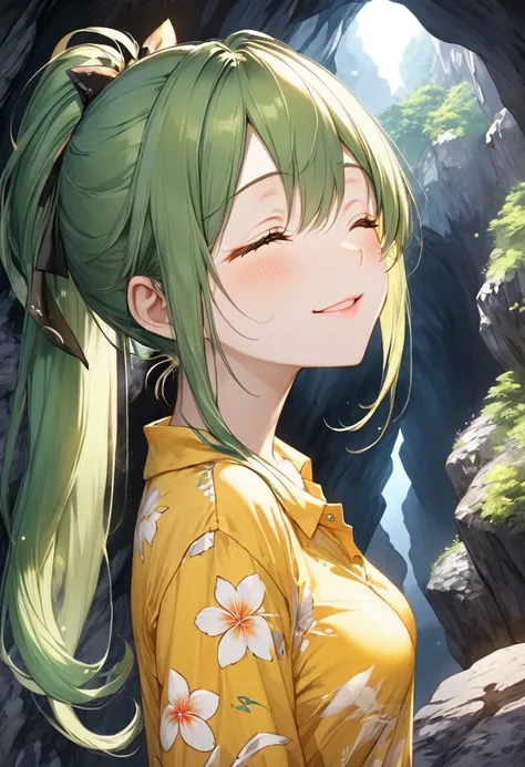 profile, (sightseeing style), (looking up, solo:2, 15 yo), (beautiful ponytail) (glossy beautiful green hair long hair) (beautiful cute girl), (glossy lip, happy smile, best sexy closed eyes), (medium tits), in a casual yellow tropical blouse, short pants,...