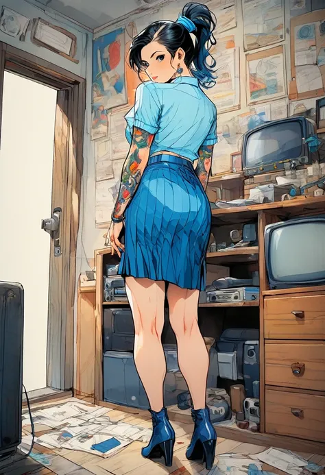 (Highest quality:0.8), (Highest quality:0.8), Perfect illustration((masterpiece, Highest quality)),, Mature Woman, Black Hair, Pigtail, Blue blouse, Blue mini skirt, Blue panties, Black thighs, (Big breasted), Inside the house, room, colorful, Bright color...