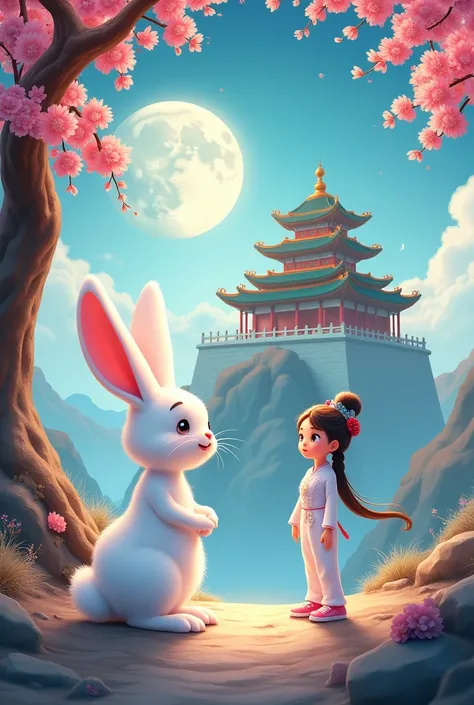 The white rabbit is on the moon. There is a palace on the moon called Guanghan Palace. The white rabbit and Chang&#39;e are standing next to Guanghan Palace under the osmanthus tree. Guanghan Palace requires obvious characters and a cartoon version.

