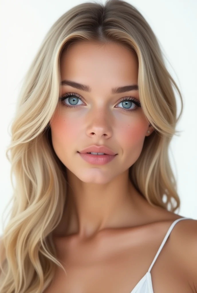 Belle fille de 20 ans, realistic, long hair, blond clair, blue eye, smooth hair, très realistic, photo identité, sur fond png