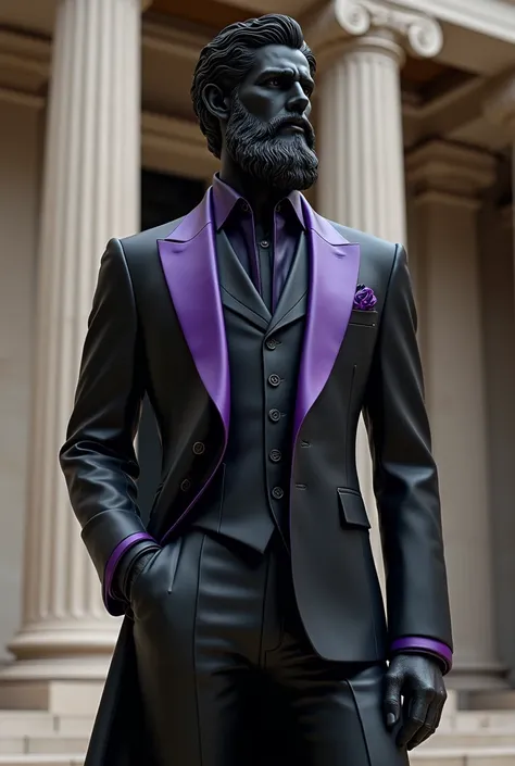 STATUE OF A GREEK GOD IN A BLACK SUIT WITH PURPLE DETAILS
