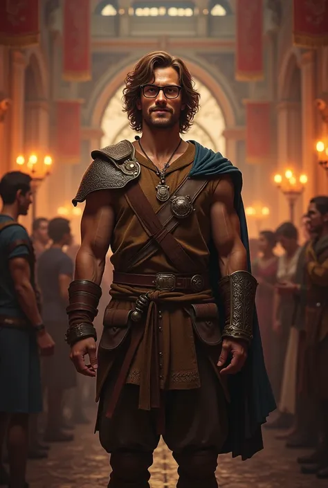 young warrior, handsome, muscular, from the middle ages, with wavy hair at a party wearing glasses and smiling
