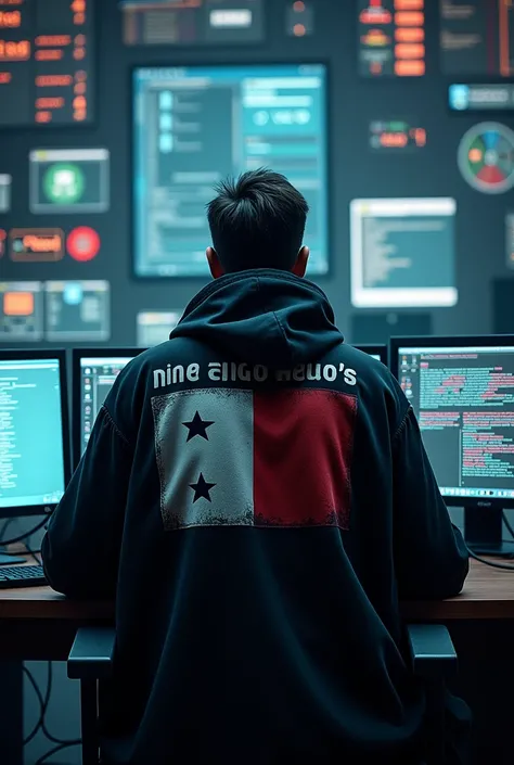 A man sitting with his back to many monitors wearing a hacker coat with the Panama flag on it with a name on the back of it  "KING  E
