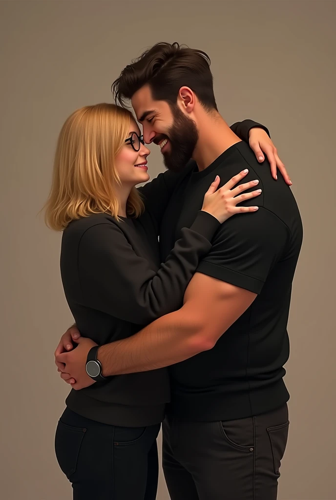 A blonde woman with medium hair wearing glasses in black pants and a black sweatshirt hugging a strong man with a black beard in black pants and a black short-sleeved t-shirt 