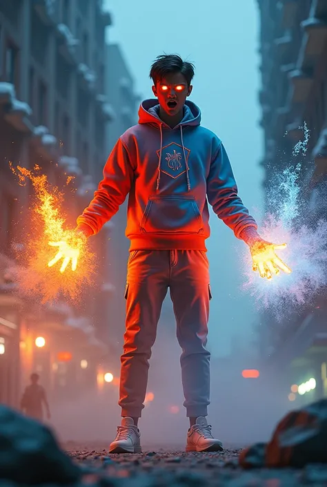 a man real teenage age . 19 Malaysia Indonesia.(orange eyes) Glowing eyes red blue . Anger face. Open mouth. . wearing an (ruby red and light blue white ) sweater latex, ( red and light blue white ) cap with small logo (flame and frost) logo. anger face . ...