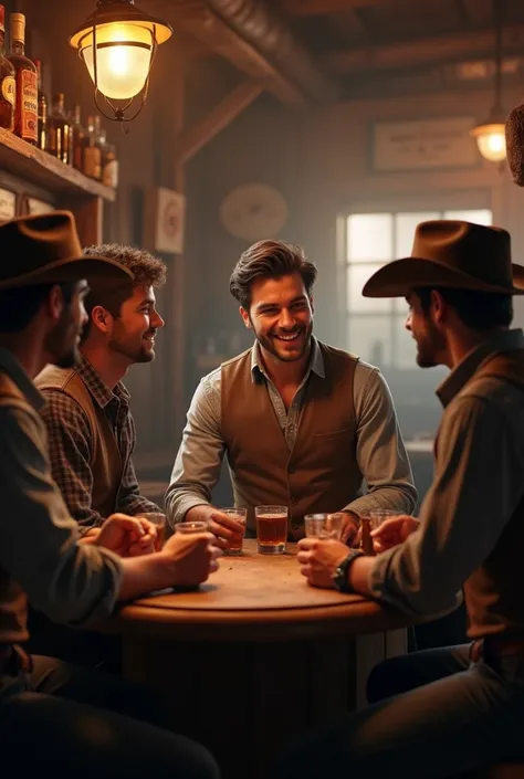 A handsome young man flirting with 5 handsome cowboy  cowboy bar 