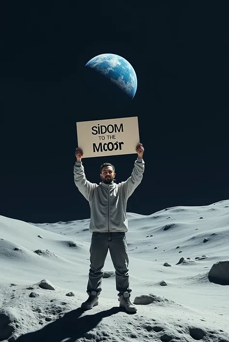 Man on the moon with a sign "sidom to the moon"
