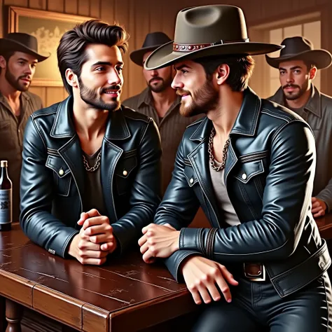 A handsome young man flirting with 5 handsome cowboy  cowboy bar 