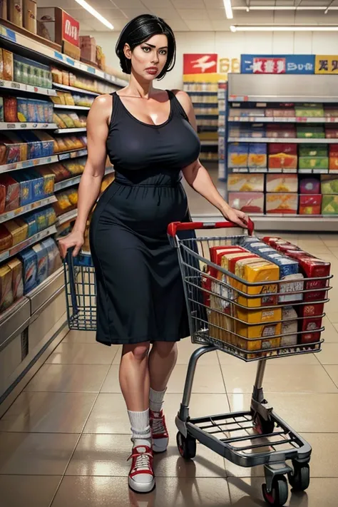 a mature woman, black hair, white streak on face, short hair up to shoulders, blue eyes, thin lips, round face, big breasts, light gray cotton dress with neckline, red sneakers with short socks, pushing full shopping cart, plump woman, supermarket aisle, c...