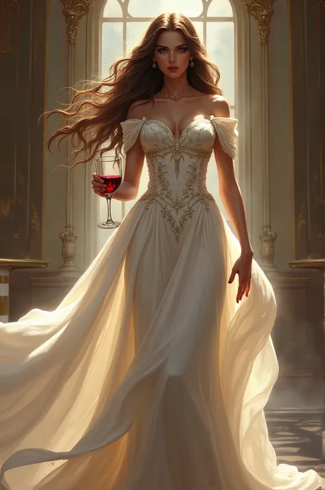 Girl brown hair golden eyes tall queen dress white skin angry drinking red wine