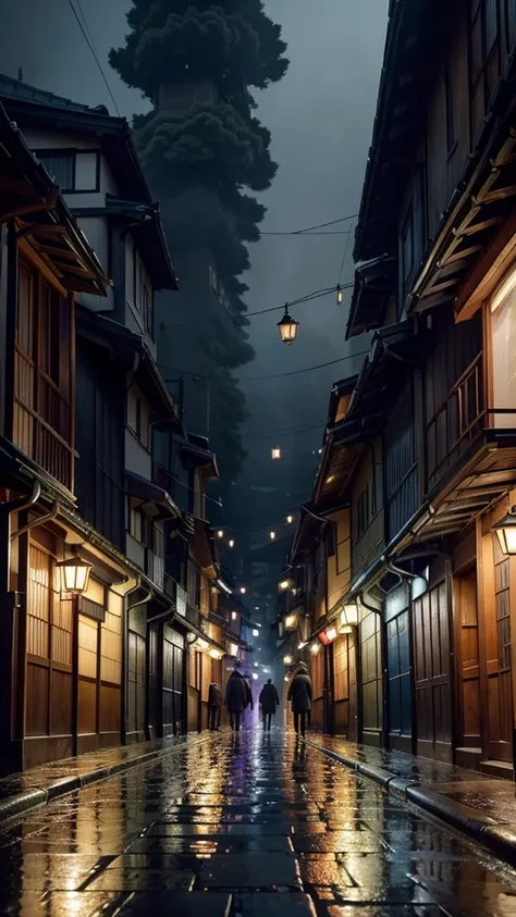 A narrow alley in Japan on a rainy night, wet cobblestones, lanterns hanging from the buildings, steam rising from the ground, silhouettes of people walking under umbrellas, reflections on the wet pavement, moody blue and purple tones, cinematic lighting, ...