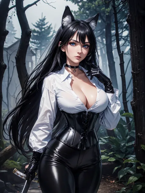 masterpiece, Superior image quality, High resolution, 4k image,photo and gross, photorealistic, whole body, 1 girl, standing, big breasts, beautiful face, wolf ears, long black hair, blue eyes, very detailed eyes, hair completely covering the ears, serious...