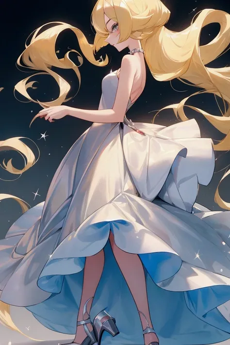 Create a character similar to Cynthia from Pokemon Diamond and Pearl, but aged 20 years old., blonde, in a beautiful party dress