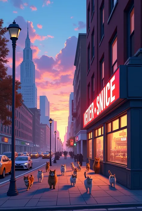 New York City, sunset of blue and purple in the background, an office that says veterinary in large letters and with 15 cats outside walking in the street 