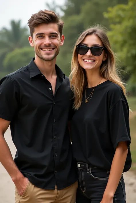 20 years old handsome guy wore black shirt tan chinos with his beautiful girlfriend wore black t-shirt and sun glasses real human photo 