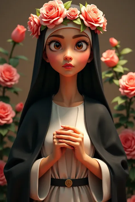 Animated Santa Rosa de Lima Add a black cloak, put more roses on her, put a white dress and a black cloak like a nun, put a headband of roses on her 