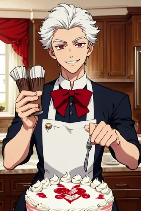 Perfect face. Perfect hands. A young white haired man with red eyes in a butler uniform is baking a cake while smiling in a fancy kitchen