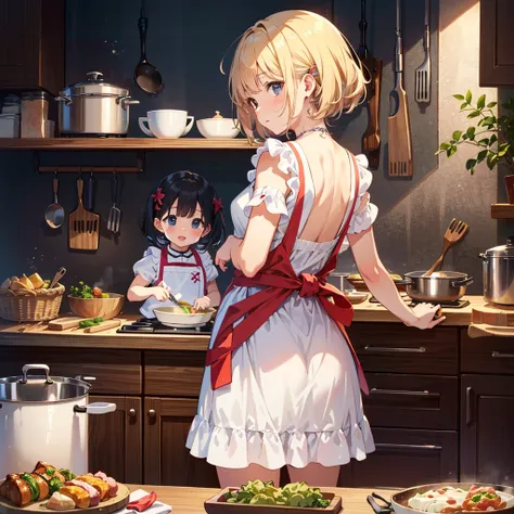 {{{Masterpiece, highest quality, high resolution background}}}, bright and beautiful atmosphere, 1 girl (, round face, baby face), small breasts, very beautiful kitchen system, mother and daughter seem to have fun in the kitchen A mini pig watching from be...