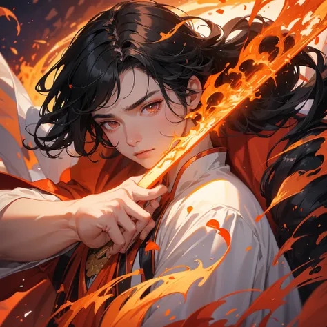 Handsome black-haired male general holding a large sword in white ancient Chinese costume, Surrounded by a volcano erupting, red and orange, surrounded by volcanic rocks, sunset, close up.