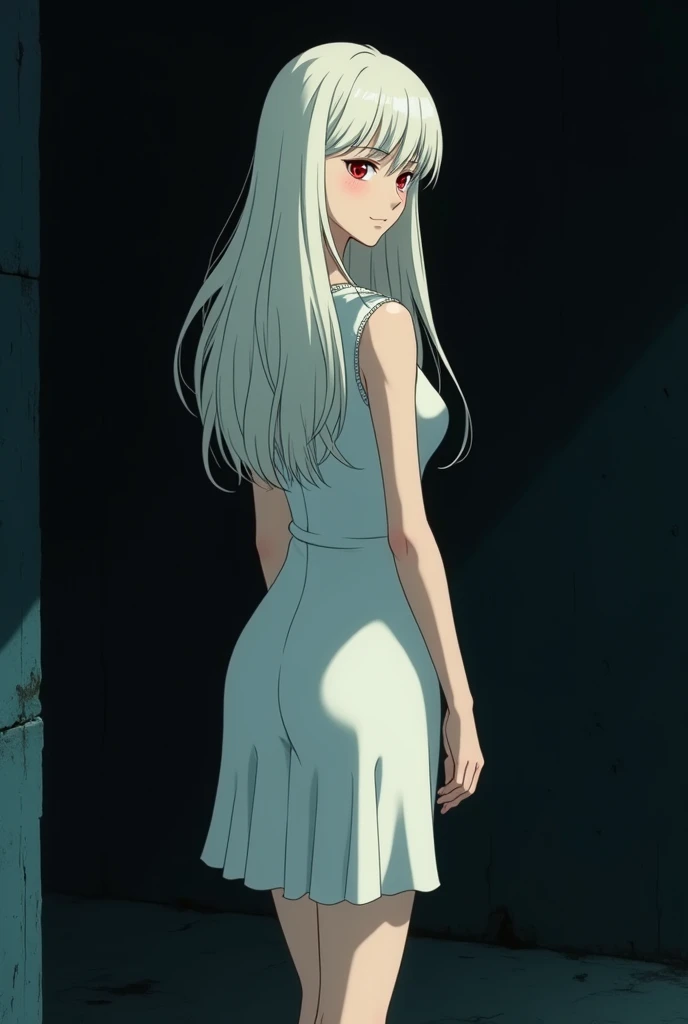 The image is in the style of a Ghibli studio anime., although somewhat gloomy and adult, It features a 20-year-old albino adult woman.. She is standing in front of a black wall, you see him from behind, She has long hair and red eyes. Shown with a smile. S...