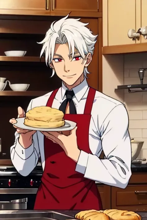 Perfect face. Perfect hands. A young white haired man with red eyes in a butler uniform is baking scones while smiling in a fancy kitchen