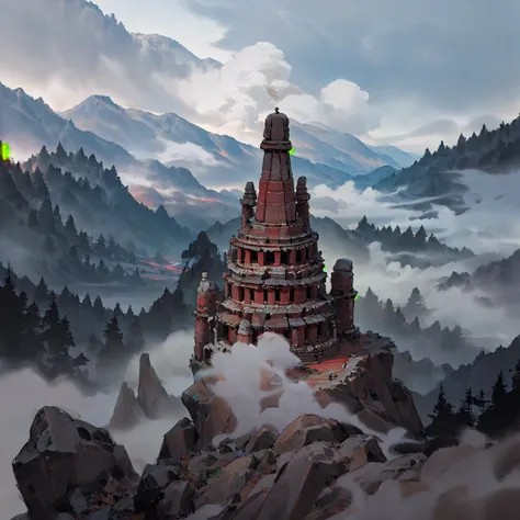 epic, There is an old temple in a valley filled with smoke,epic,high detail,8k,masterpiece,best quality