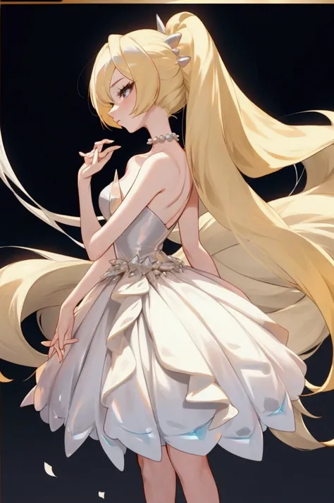 Create a character similar to Cynthia from Pokemon Diamond and Pearl, but aged 20 years old., blonde, in a beautiful party dress