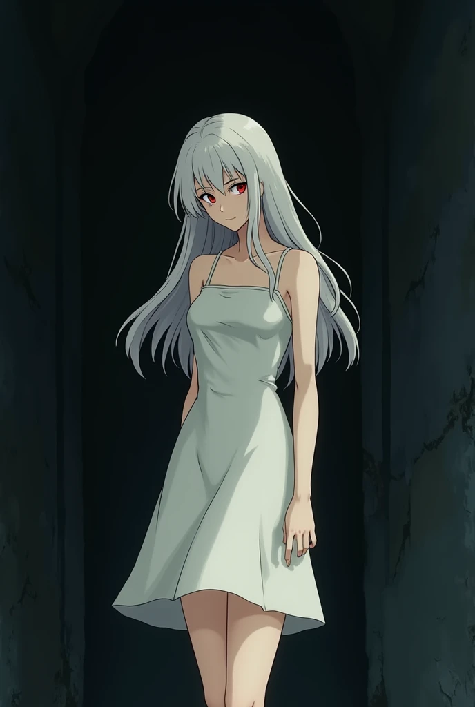 The image is in the style of a Ghibli studio anime., although somewhat gloomy and adult, It features a 20-year-old albino adult woman.. She is standing in front of a black wall, you see him from behind, She has long hair and red eyes. Shown with a smile. S...