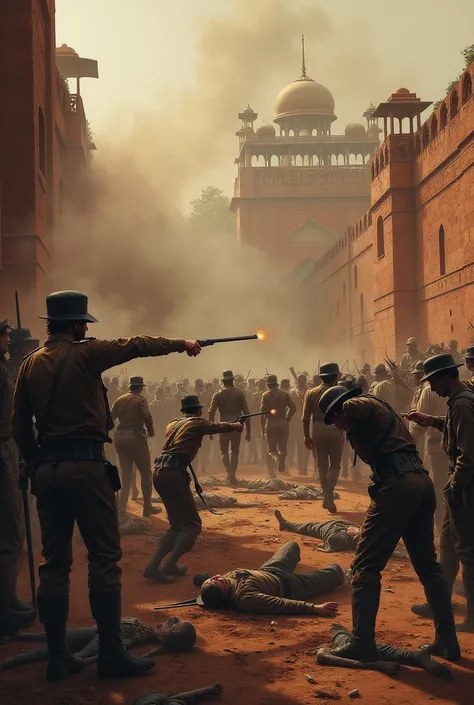 Jallianwala Bagh Massacre (1919):** A haunting scene depicting the tragic massacre with British soldiers firing on unarmed Indian civilians in a crowded park, with panic and desperation in the atmosphere