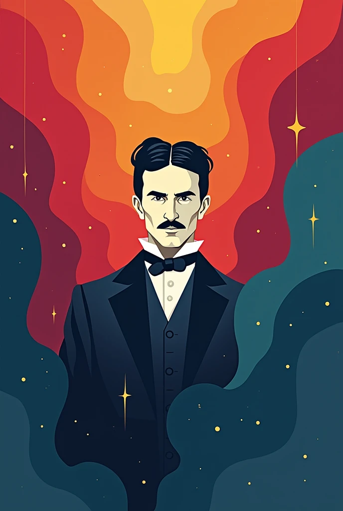 Minimalist and animated image with vivid colors, square size of Nikola Tesla and one of his most notable phrases