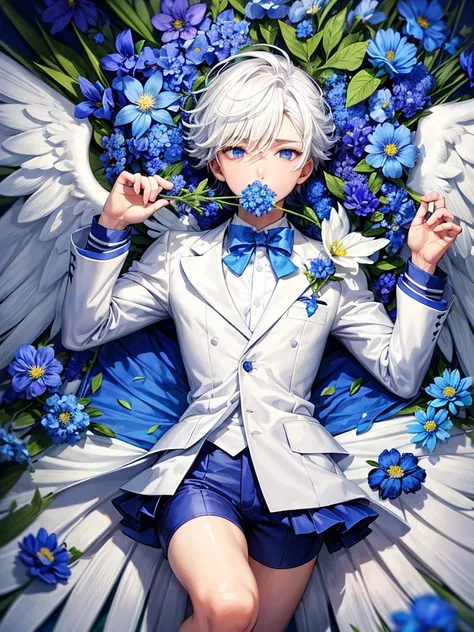 man,angel, 6 white wings on the small of his back, white hair, white eyelashes, blue eyes,blue shorts, blue jacket, white knee socks on his legs, pumped up, muscular, blue flower sticking out of his mouth, lying on blue flower petals, blue flower in his mo...