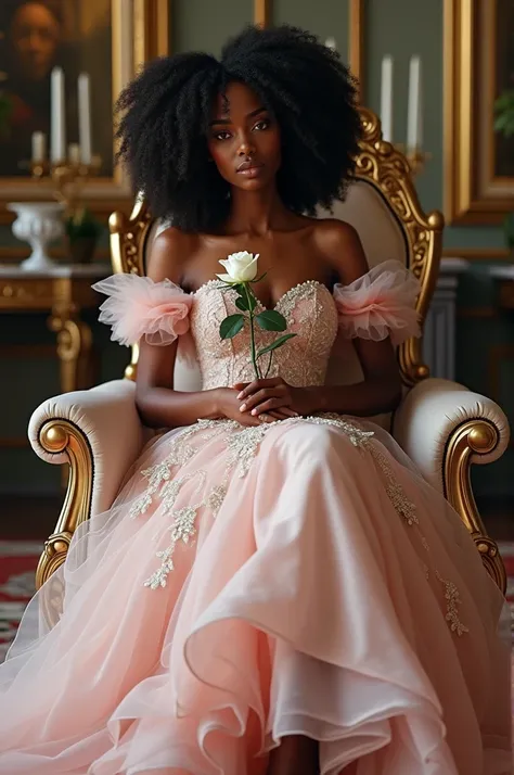 A curly black woman in a pink and white princess dress and pink heels, holding a white rose, sitting in a fancy armchair. Everything realistically