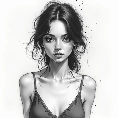 Portrait of a beautiful woman,  sundress,  defined black lines, 1girl, solo, agua, chica abrazando tulipanes, fondo simple, fondo blanco, monocromo, lineart, ((sketch)),((high quality, masterpiece:1.4)), 1girl, ((upper body)), portrait sketch, messy drawin...