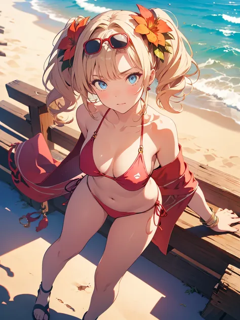 nsfw,( masterpiece), best quality, expressive eyes, perfect face, highres, from above, moody angle, medium breast, full body, solo, 1girl, zetasummer, hair intakes, twintails, hair flower, sunglasses, eyewear on head, red bikini, o-ring, shawl, side-tie bi...