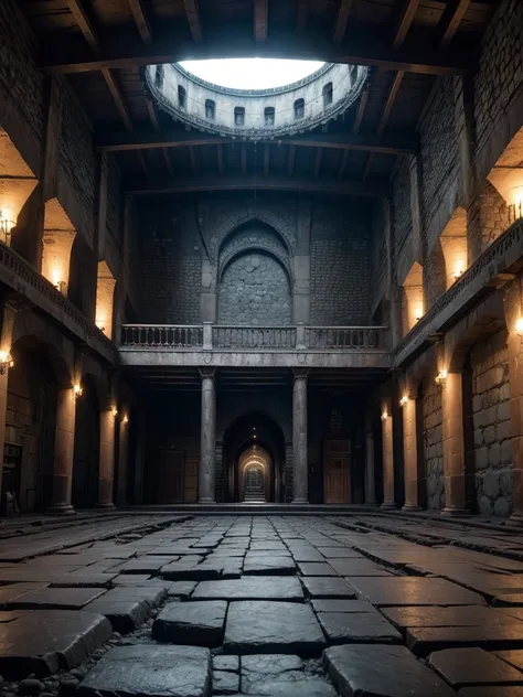 The training hall in the middle of hell is a dark and intimidating space with semi-medieval architecture. The walls are made of dark stone, adorned with runic inscriptions, and the vaulted ceiling is supported by columns of volcanic rock. Illuminated by et...