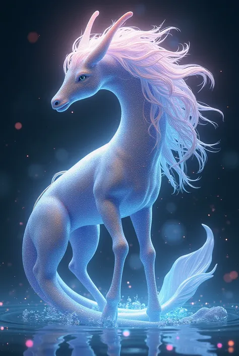 A sparkling holographic kelpie, its luminous mane shimmers like cosmic stardust, refracting vivid rainbow hues with each movement. The digital anime artwork captures this mythical creature in a dynamic pose, showcasing its sleek, aquatic form against a fut...