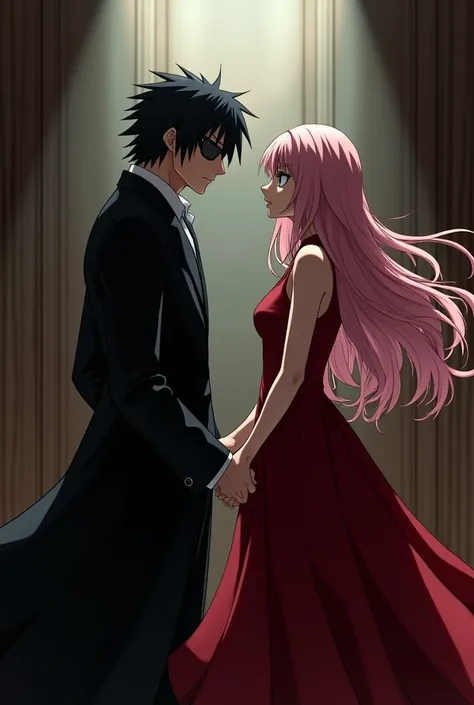 Sasuke Uchiha a 30 year old man with black eyes and hair wearing an eye patch and wearing an elegant black suit staring at Sakura Haruno a 20 year old girl with long light pink hair and jade green eyes wearing a long elegant red dress looking forward