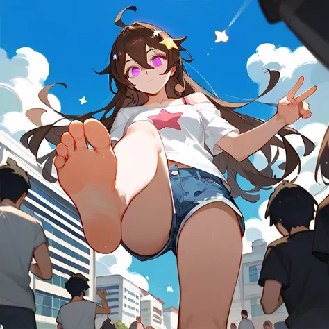 Fraction_9,Fraction_8_Direction_7_up,1个女孩露出脚Low Angle，One-leg stand，barefoot，Female Giant，Many buildings around，Low Angle，Denim shorts，There are bangs between the eyes，Off-shoulder T-shirt，Long hair，Dark brown haive-pointed star on hair，Perfect feet，Pink E...