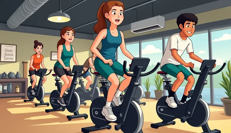  Cartoon Style，Pictures inspired by Naohisa Inoue, Pixiv competition winner, Serial art, there are many people on exercise bikes in a 健身房，background a gym, hedonic treadmill, healthy, Plenty of light, Natural soft lighting,